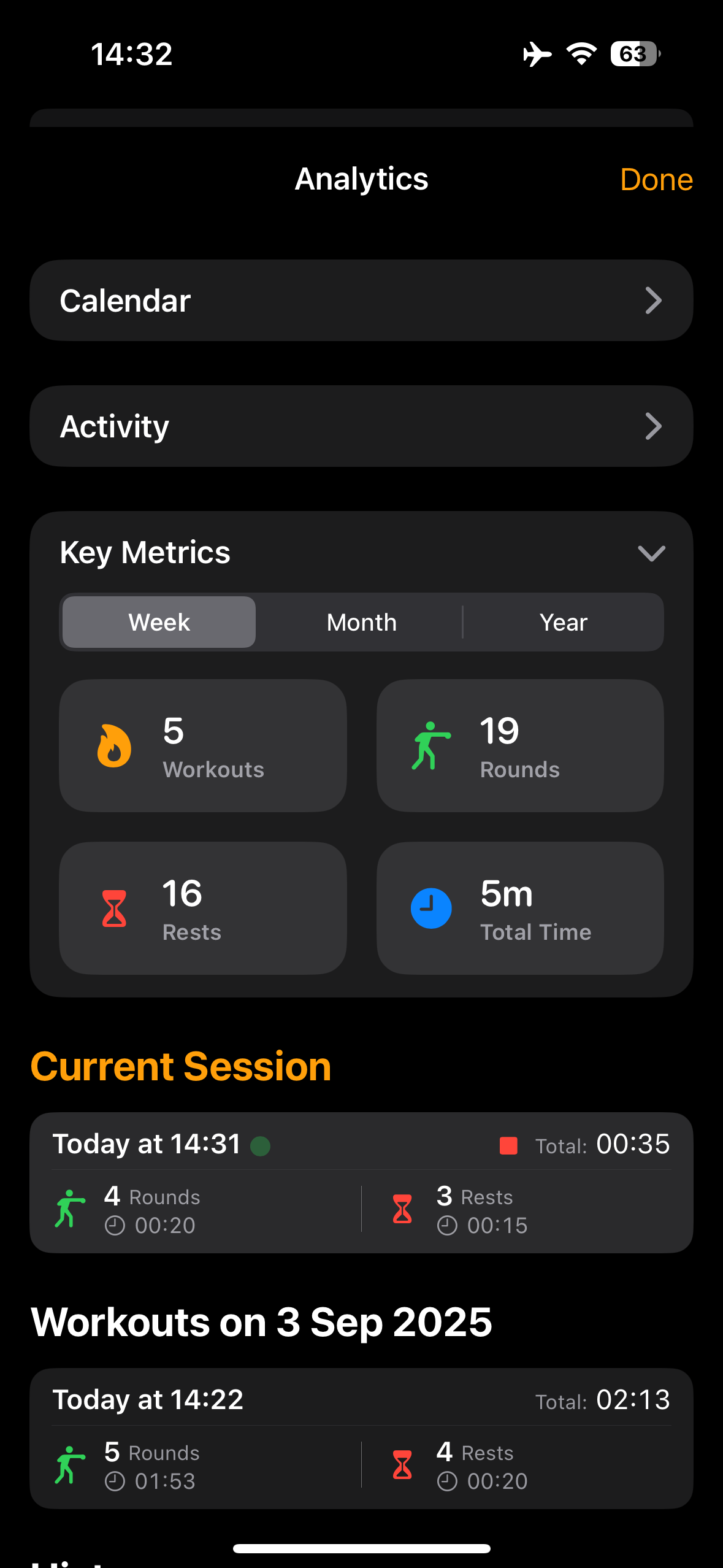 Workout analytics screen in the Shadow Boxing Timer app