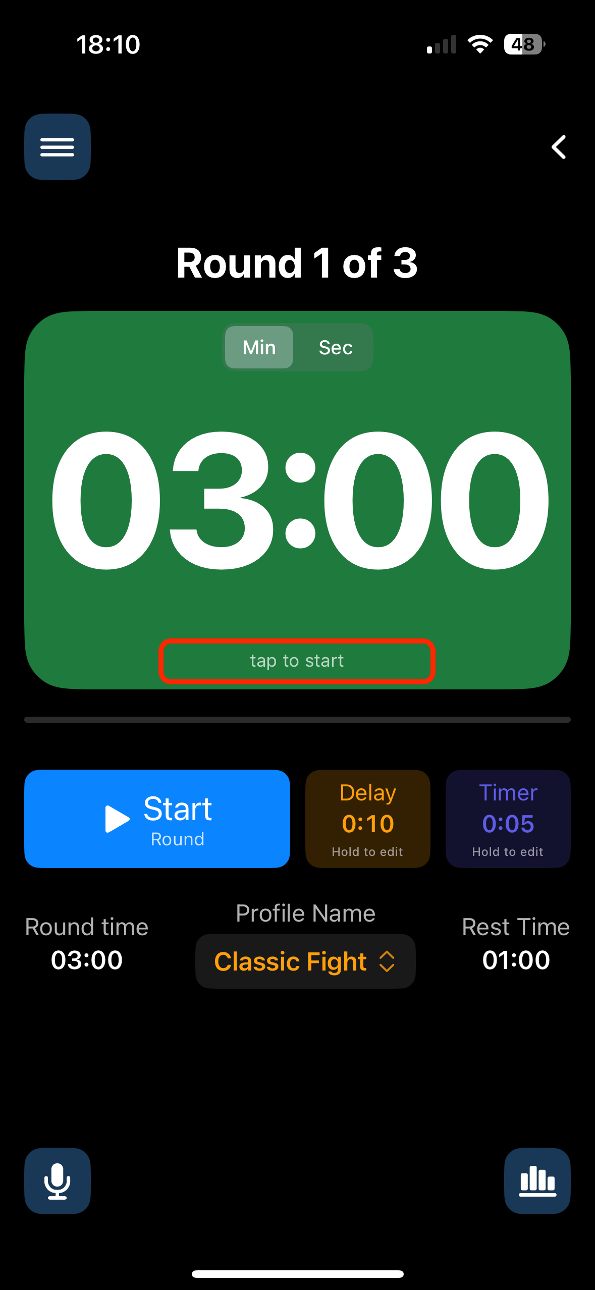 Main timer display of the Shadow Boxing app